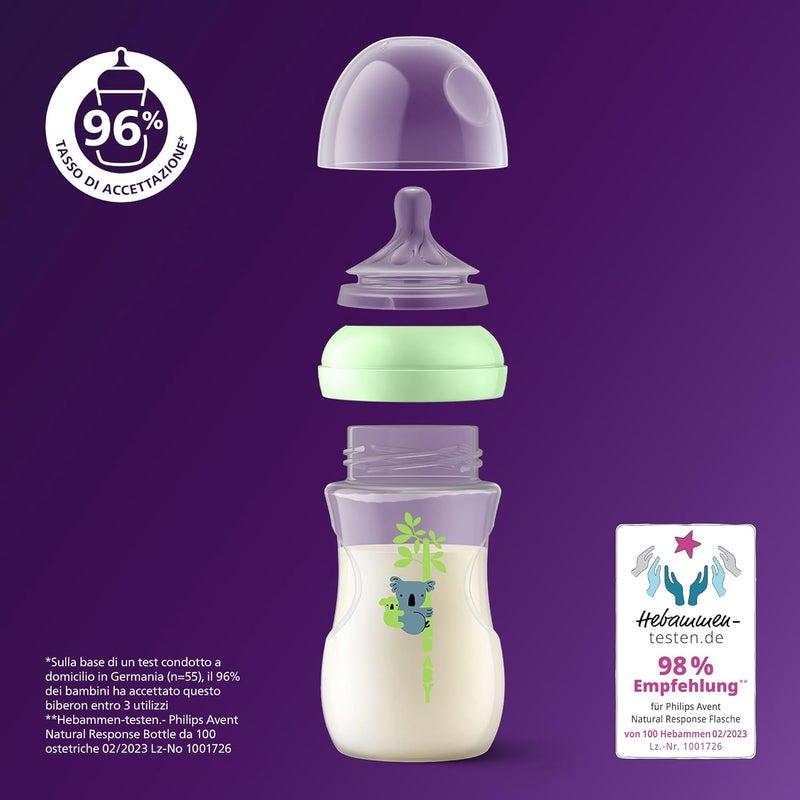 Philips Avent Natural Response Baby Bottle 260 ml (9 oz) with Medium Flow Teat (Flow 3), Pack of 3, Tropical Design, SCY903/73 - Image 2